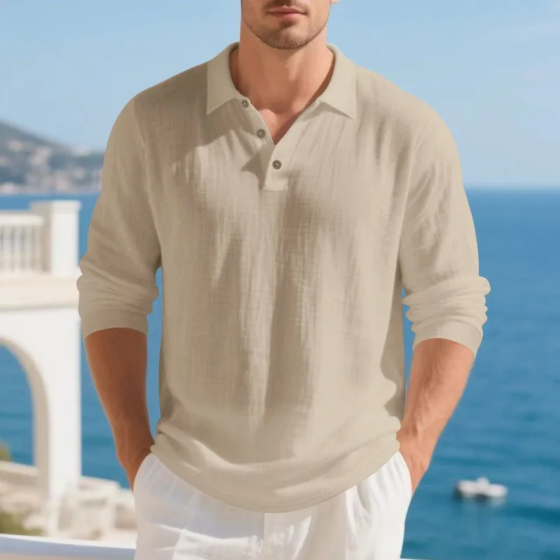 Casual Linen Shirt Long Sleeve Collar T-shirt Button Front Rolled Sleeves Lightweight Fabric Loose Fit Solid Color Curved Hem