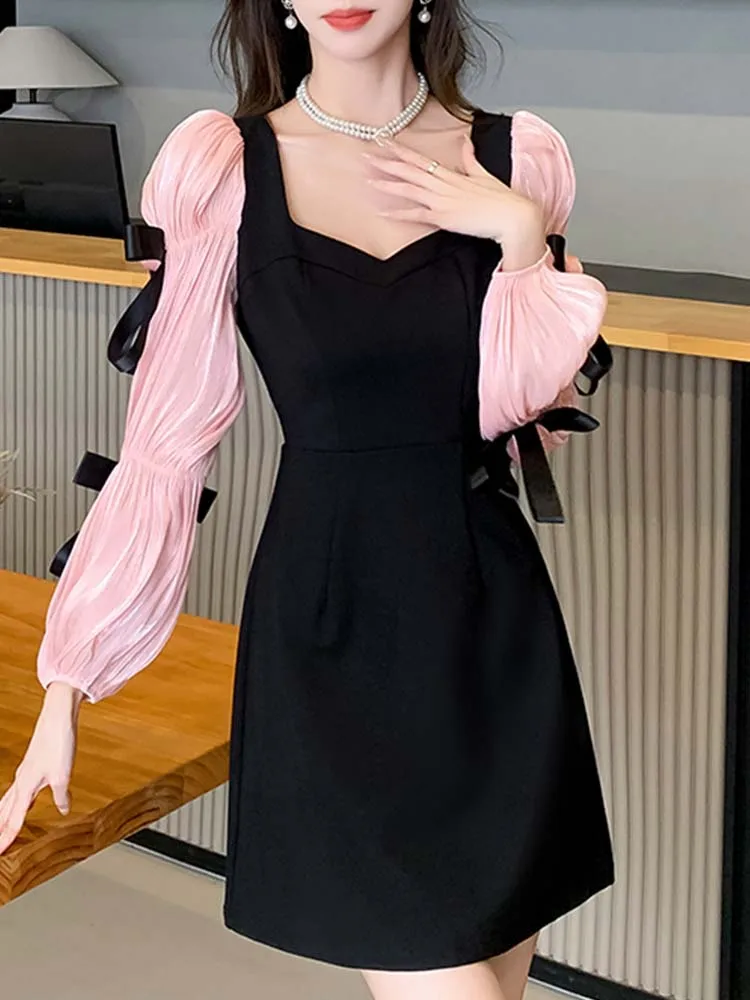 

Elegant Square Neck Rose Blossom Bubble Sleeve Slim Fit Dress 2025 New Fashionable Spring Women'S Clothing