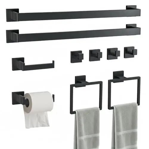 10-Piece Matte Black SUS304 Stainless Steel Bathroom Set: 23.6 Inch Towel Bar, Toilet Paper Holder, Square Rings & Hooks