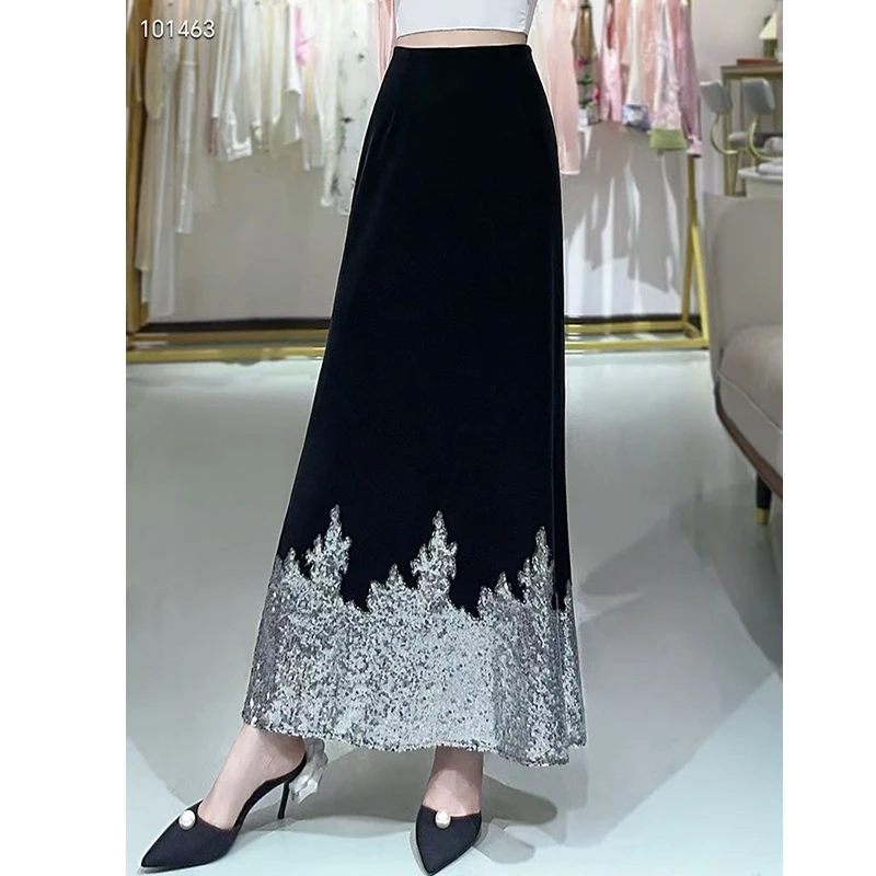 Early Autumn New Acetate + Velvet Fabric Elegant  Sequin Embroidery High Waisted Elastic Fishtail Women's  Skirt M-XXL