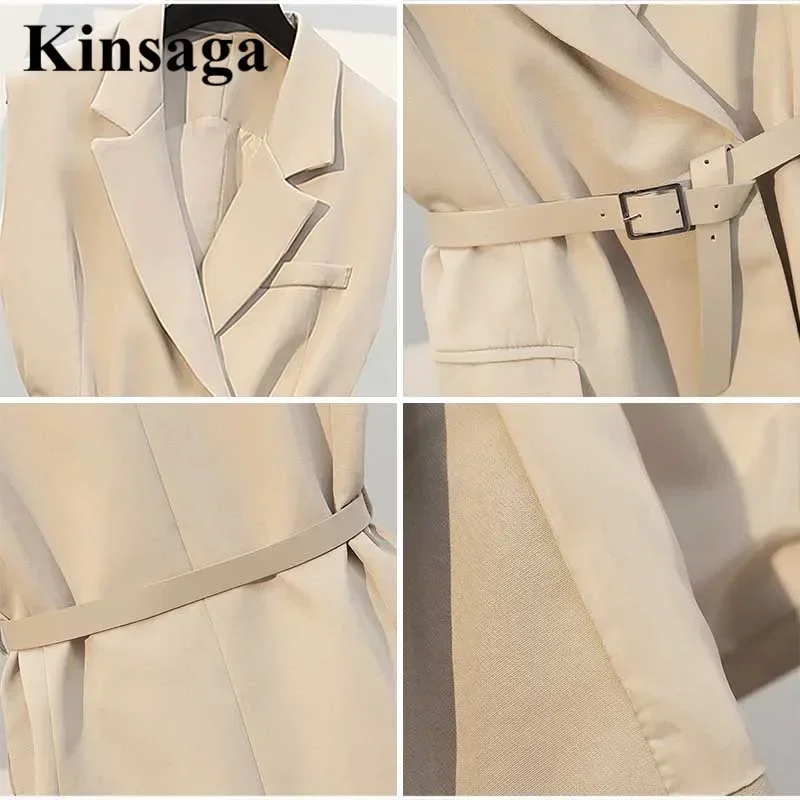 Women Street Blazer Vest Lapel Collar Sleeveless Cardigan Coat Belted Waistcoat Outwear Office Lady Workwear Korean Style Outfit