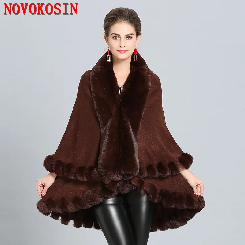 

10 Colors Winter Plus Size Cashmere Women Loose Thick Shawl Overcoat Warm Long Faux Rabbit Fur Collar 2 Layers Poncho Cape Cloak