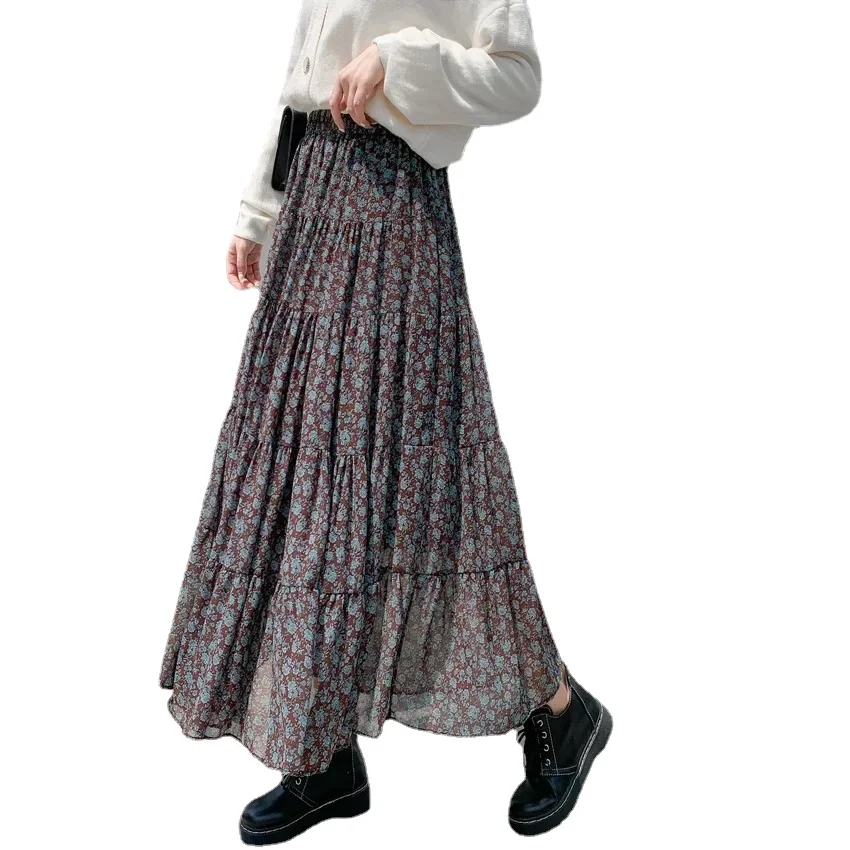 2024 autunno inverno donna gonna floreale a-line gonna a vita alta femminile tinta unita gonna di media lunghezza in chiffon coreano dolce Streetwear