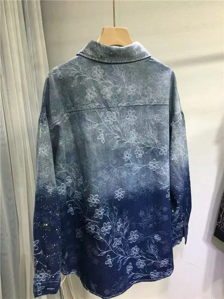 New 2024 Autumn Trend Sequins Diamonds Hot Drilling Denim Shirts and Blouses Women's Loose Casual Denim Top Jacket Woman Clothes