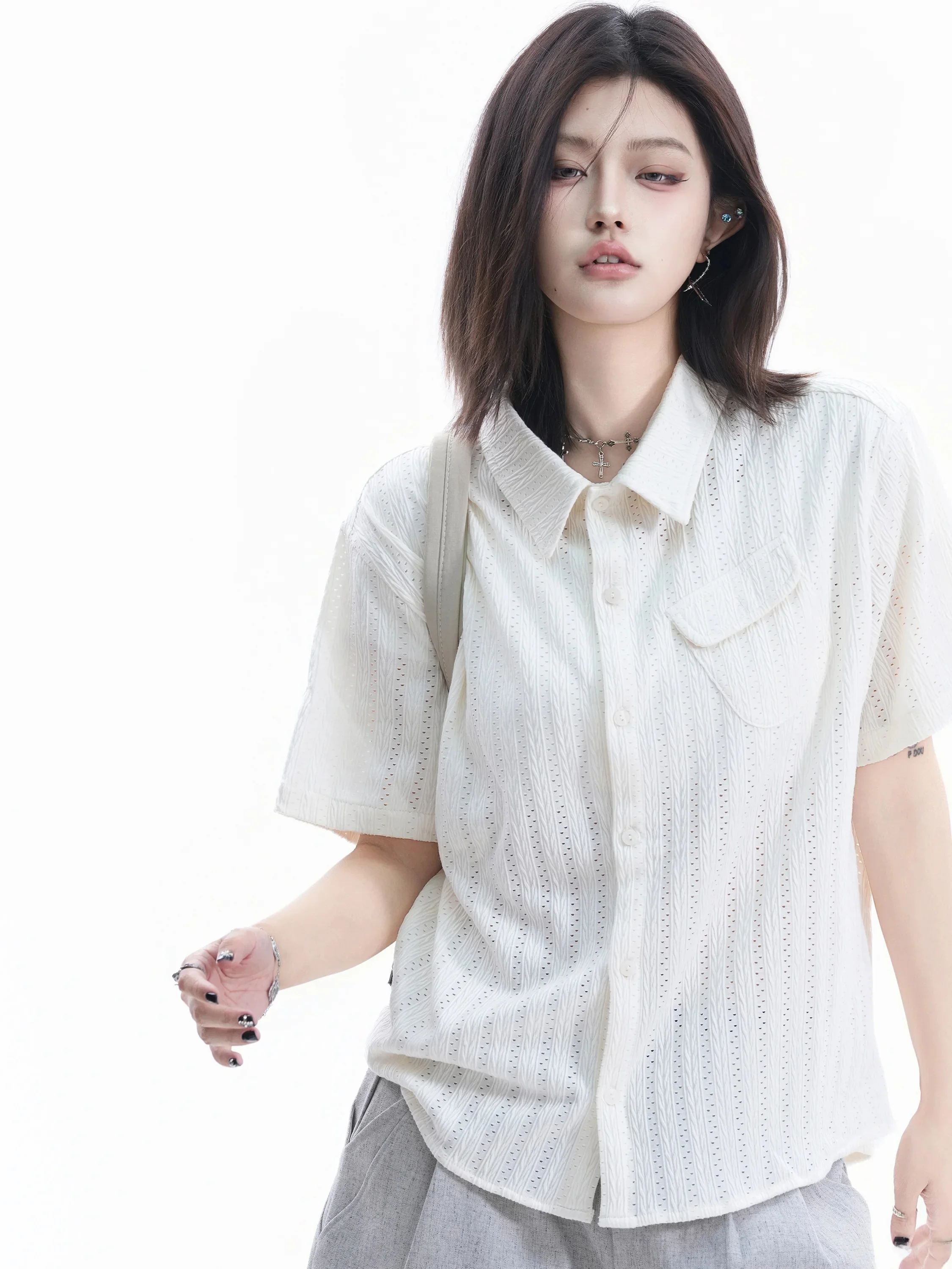 

Retro Textured Hollow out Short Sleeve Women's Shirt Couple's Turn-down Collar Casual Loose Fit Polyester Summer Top