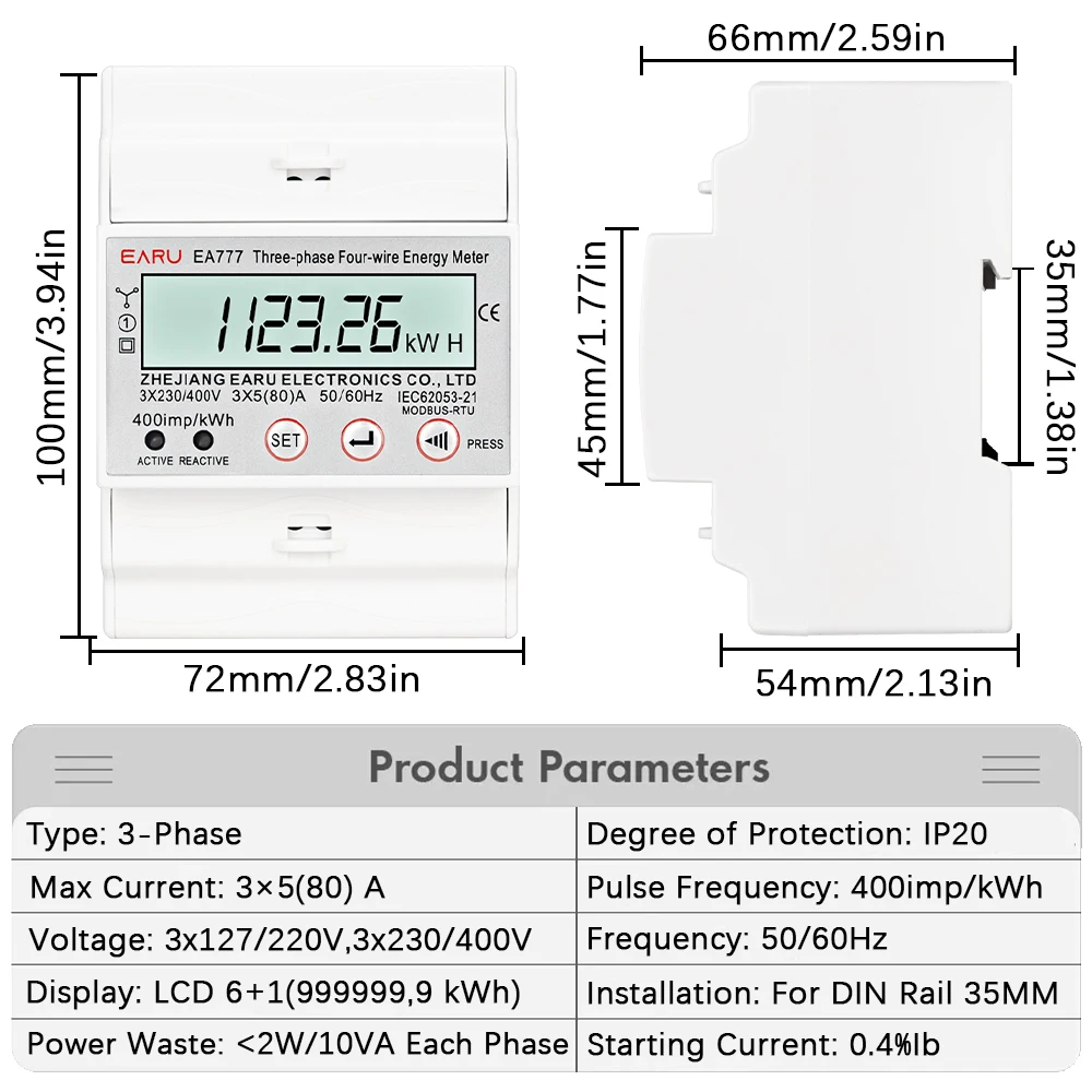 EARU AC RS485 Three Phase 4 Wires 100A Current Voltage Frequency  Power Factor Energy Consumption kWh Electric Meter Monitor V A