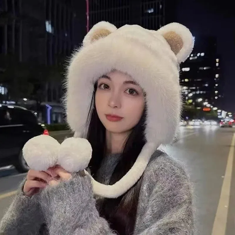 Cappello invernale in peluche con orso Protezione per le orecchie da ciclismo all'aperto Cappello in pile caldo addensato per ragazze Cappello casual da donna Elementi essenziali per il calore