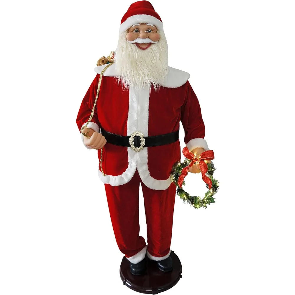 Life Size Dancing Santa Sculpture,Motion Activated Christmas Animatronic , with Wreath and Gift Sack,Holiday Decorations.