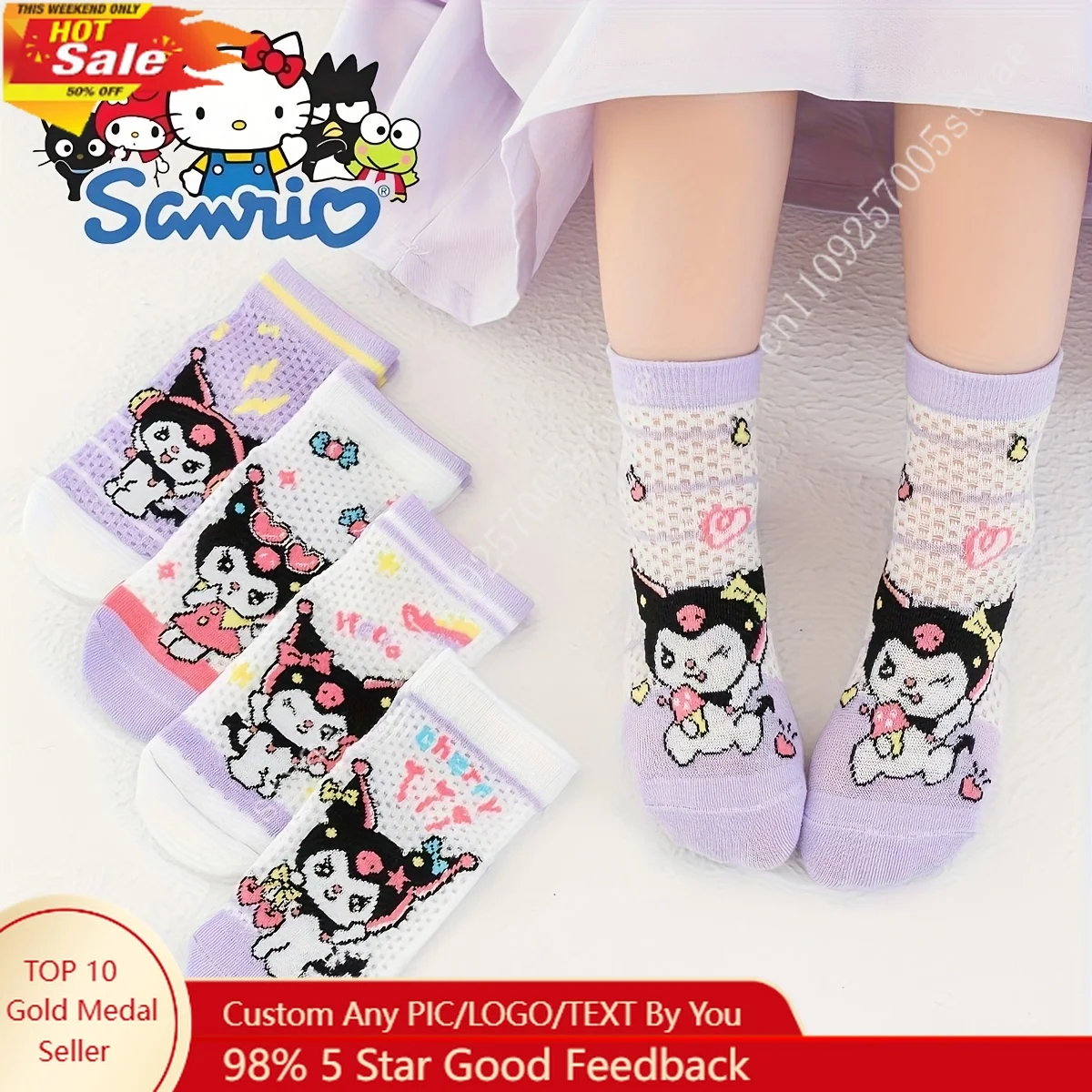 5 Pairs Girls Cartoon Socks Summer Breathable Mesh Kuromi Design Cute Sheer Toddler Ankle Socks for Kids 2-12 Years