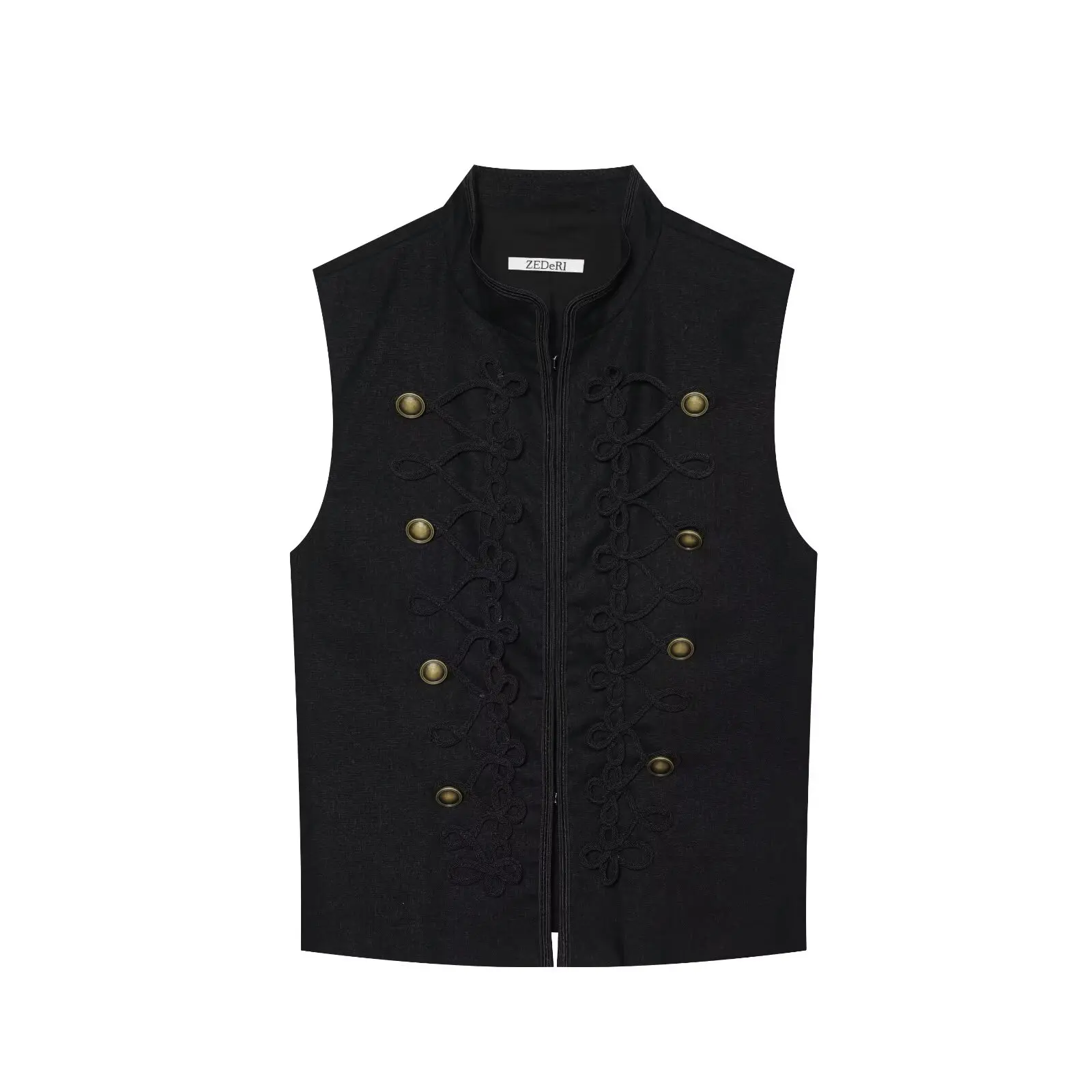 HH Elegante Retro Schwarze Ärmellose Weste mit Doppelreihigen Froschknöpfen für Formelle Anlässe, Alltag, Büro und Urlaub – Detail 2