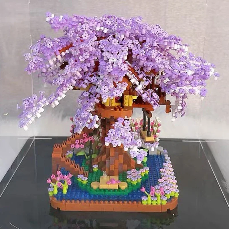 ZRK7855 Architektur Sakura Blume Baum Haus Block Garten Schaukel Fluss 3D Diamant Blöcke Ziegel Gebäude Spielzeug Keine Box