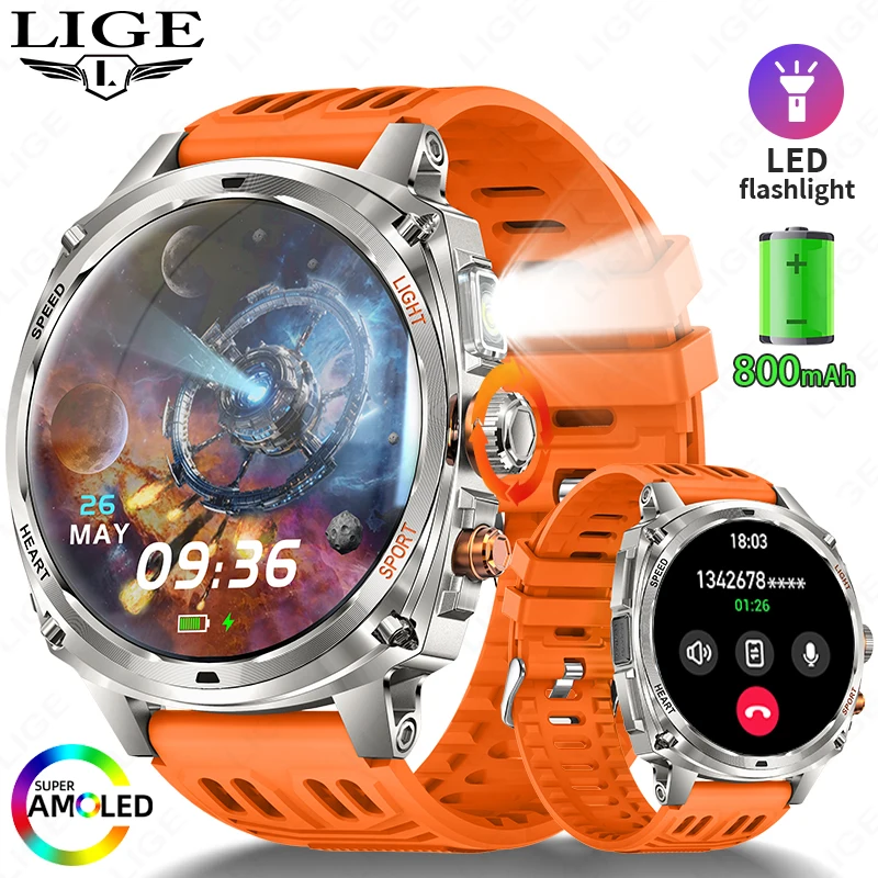 

2025 Новые Смарт-часы для мужчин, 800 мАч, большая батарея, фонарик, часы 1,75 дюйма, AMOLED HD-дисплей, спортивные, фитнес, Bluetooth, умные часы с вызовом