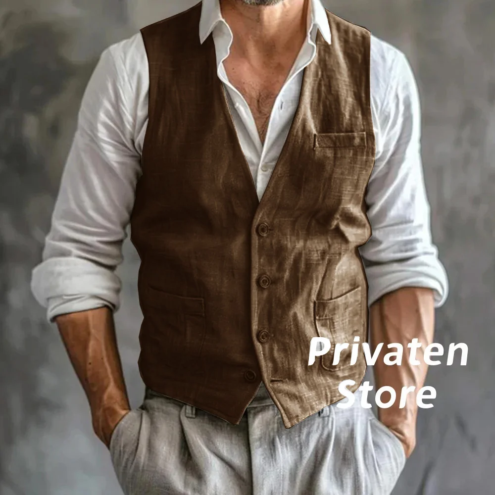 Men's Linen Vest High-Quality Gray Cool Breathable With Pockets Summer Male Gilet Formal Mens Waistcoat Sleeveless Man Work