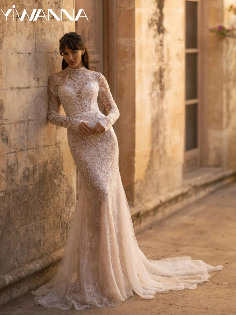

Romantic Shiny Beaded Lace Wedding Dress Illusion Long Sleeve Backless Bridal Gown Customized Elegant Mermaid Dresses For Bride