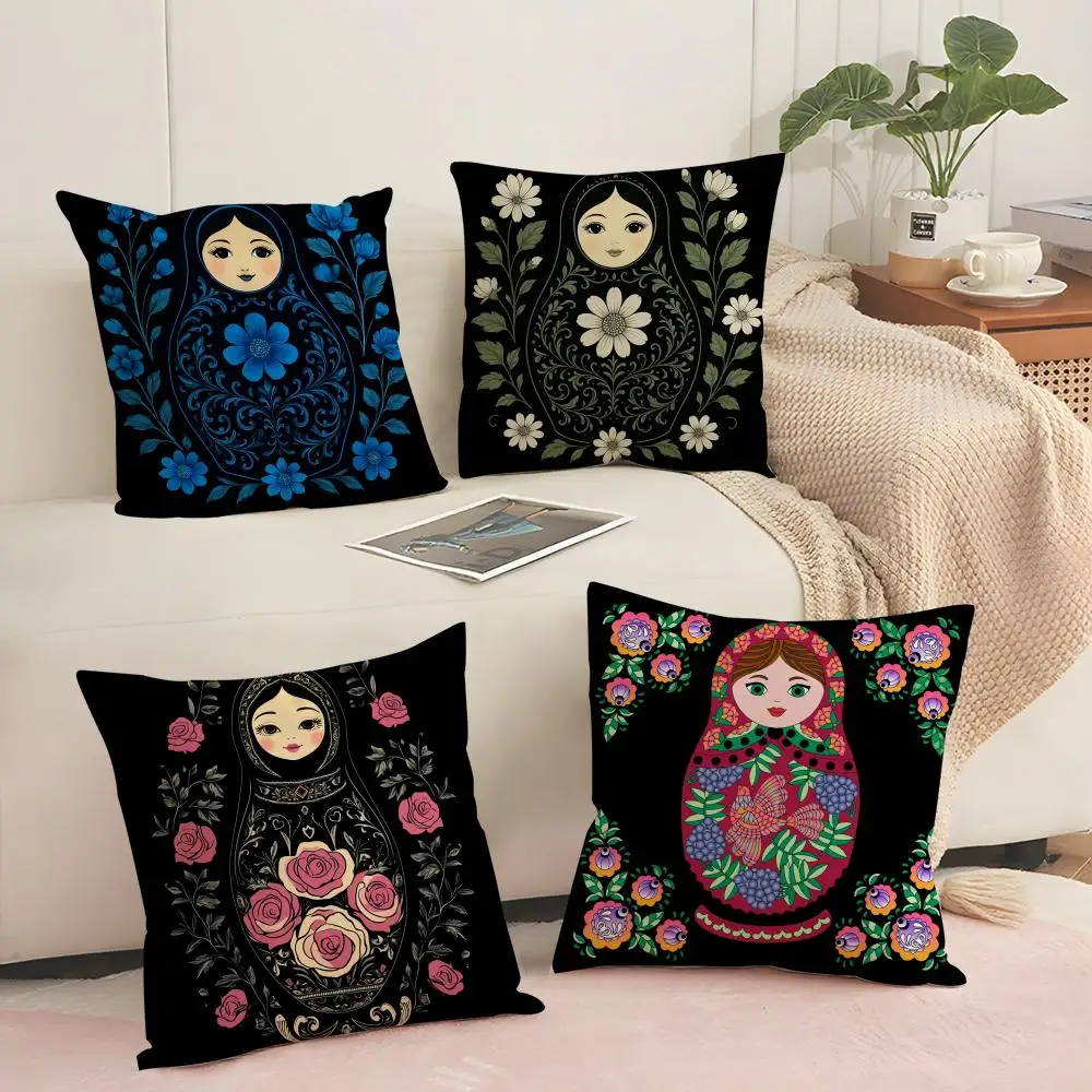 Matryoshka doll Flower Cushion Cover Soft Short Plush Pillow Cover Smooth Cozy Texture Aesthetic Cushion Case Home Decor
