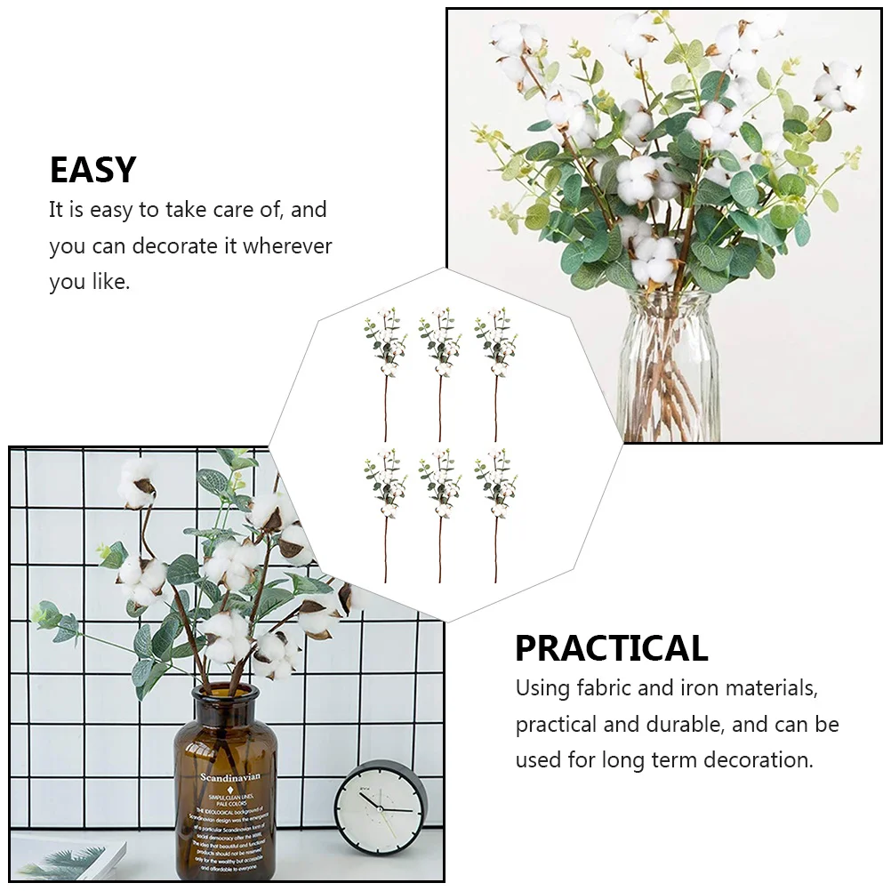 

6pcs Simulation Cotton Artificial Plants For Diy Flower Arrangement Home Decoration Indoor Wall Grass Faux Cotton