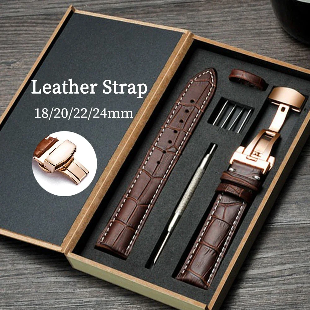 Leather Watch Strap 18mm 20mm 22mm 24mm Universal Bracelet Metal Butterfly Buckle Watchband with Box Band Replacement Wristband