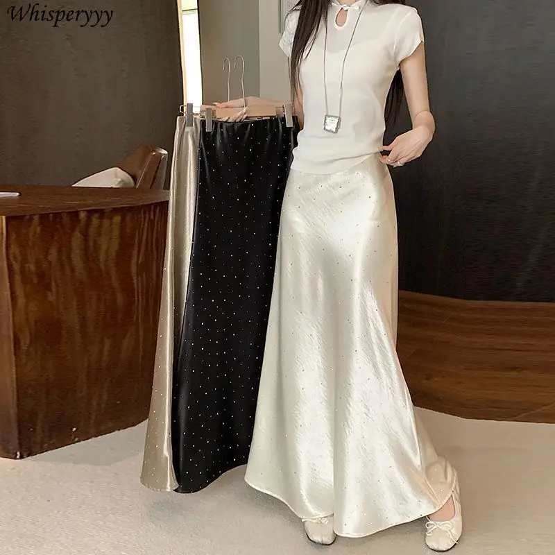 

Acetate Satin Skirt Women Clothing Summer New Korean Fashion High Waist Skirt Long Hip Skirt French Hot Diamond Evening Dresses