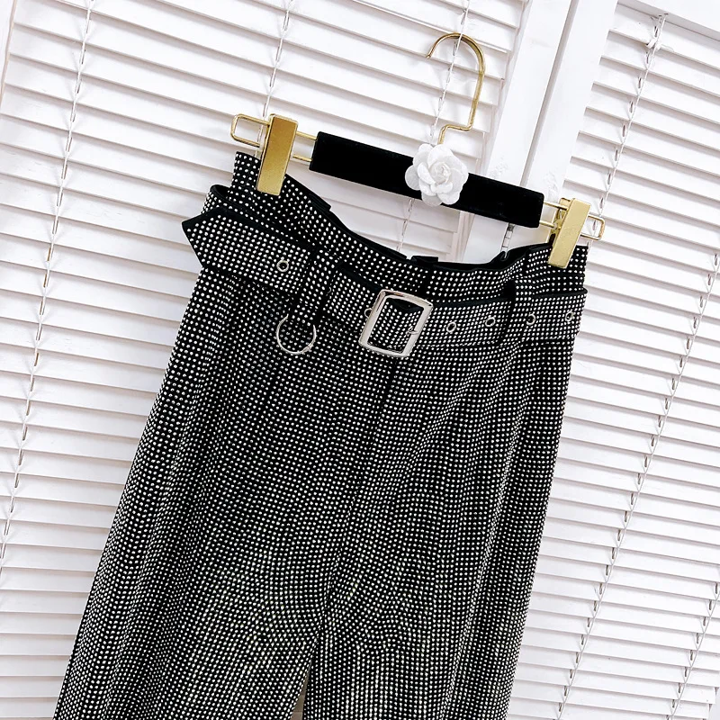 European New Heavy-Duty Full Hot Rhinestone Shiny Trendy Belt Wide-Leg Trousers Women 2024 Spring Autumn New Loose Casual Pants