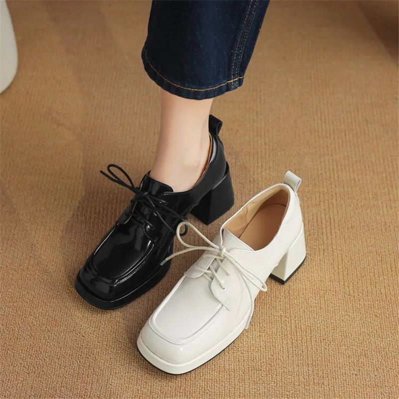 New Spring Autumn Split Leather Loafers Woman Shoes Chunky Heel Square Toe Platform Shoes for Women High Heels Women Pumps