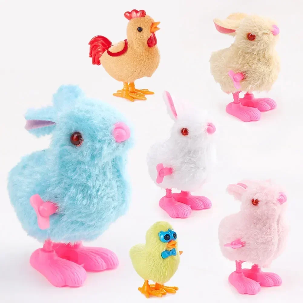 1PC Wind Up Chicken Cute Plush Toy Jumping Walking Hopping Cartoon Plush Chicken Clockwork Rabbit Walking Chick Baby Playing Toy