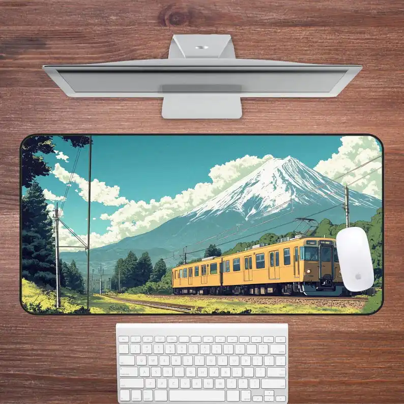 لوحة مكتب Mount Fuji Train Journey Deskmat ذات المناظر الطبيعية اليابانية لألعاب المكتب لوحة ماوس فنية لامعة هدية مثالية للاعبين