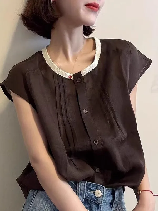 Casual in cotone e lino da donna irt round Ne ort Sve Top sopra la testa di grandi dimensioni coreano Sle Faionable Pendolarismo artistico