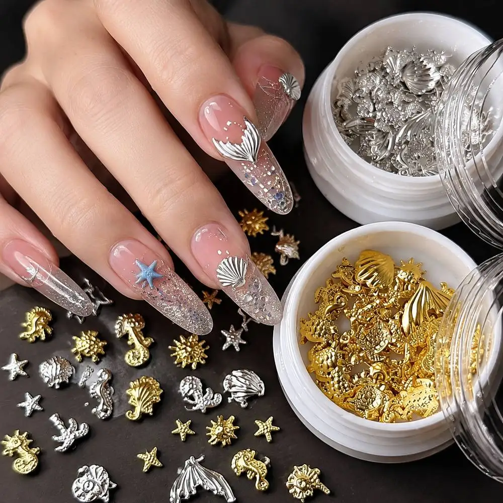 1 pot de breloques marines estivales pour ongles, décorations pour ongles coquillages et étoiles de mer dorées et argentées, fournitures de manucure pour vacances à la plage pour nail art en gel