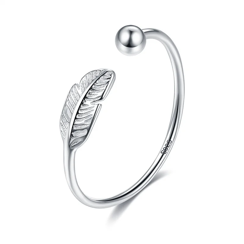 Sole Memory Feather Leaf Schlichte 925er Sterlingsilber-Ringe für Damen, trendig, größenverstellbar, RI026