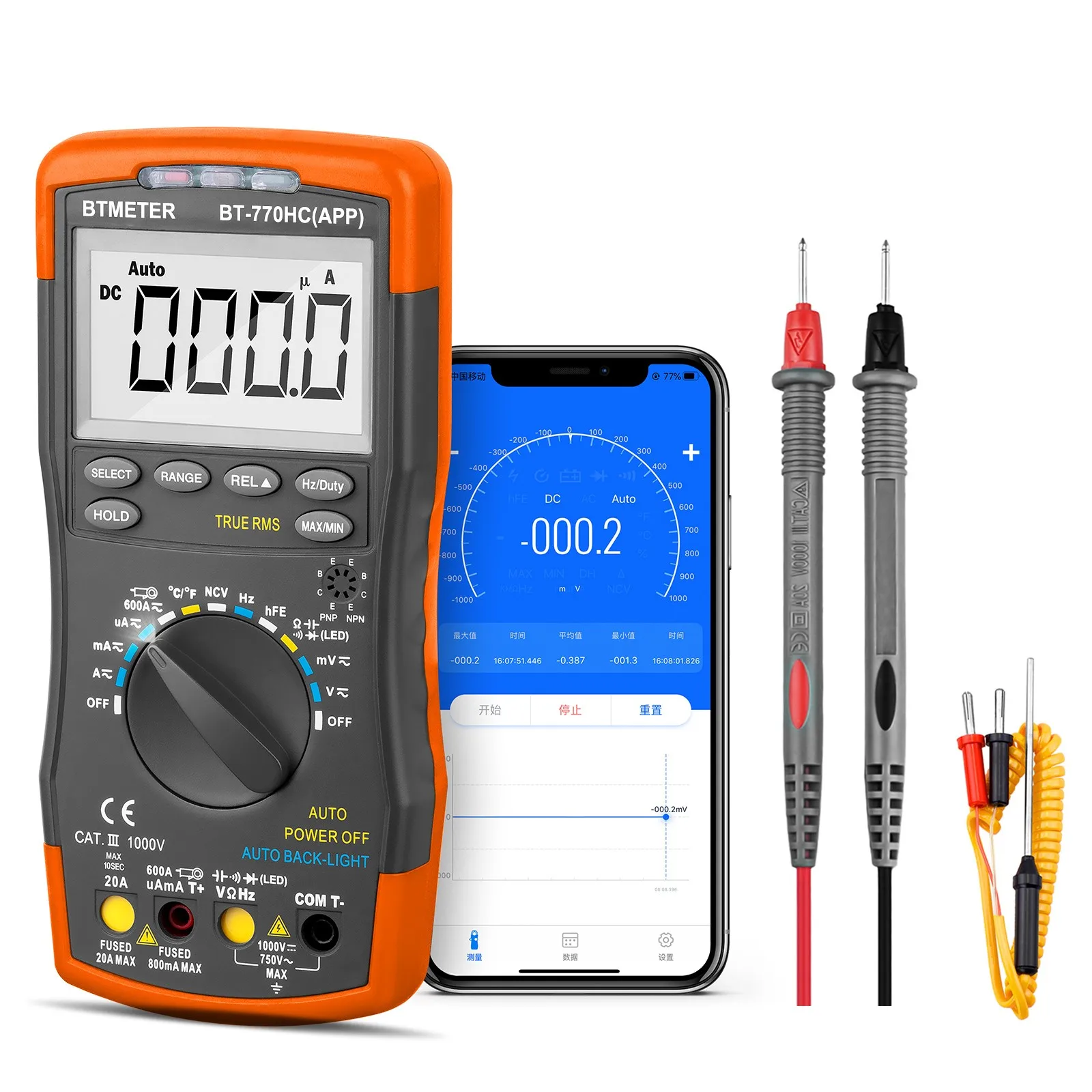 BTMETER bezprzewodowy cyfrowy multimetr Bluetooth True RMS z maks. Wskazaniem 6000 i automatycznym zakresem AC/napięcie prądu stałego z aplikacją BT-770HC-APP