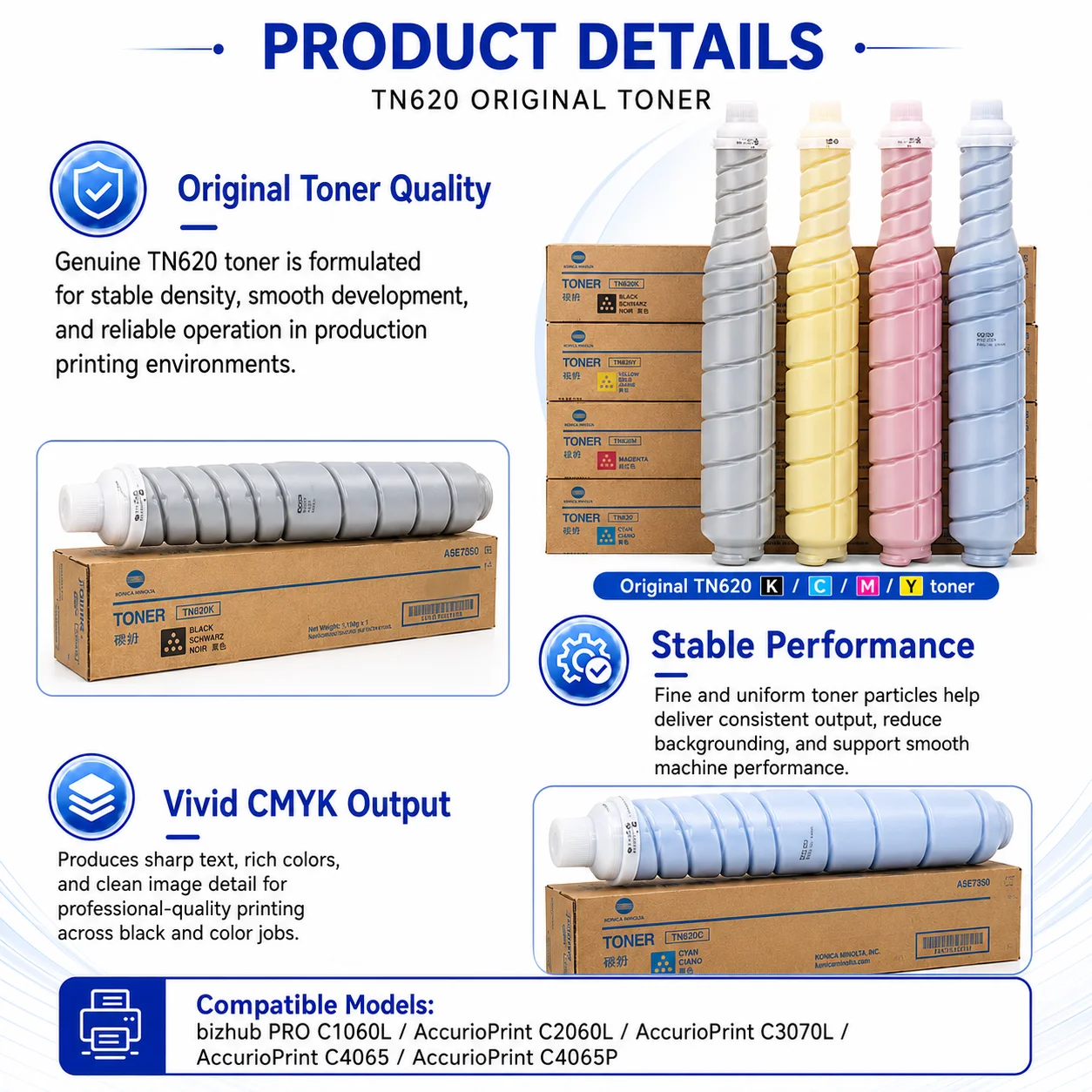 Original Toner Cartridge TN620 TN 620 for Konica Minolta C4065 4065 C4065P 4065P Toner Powder