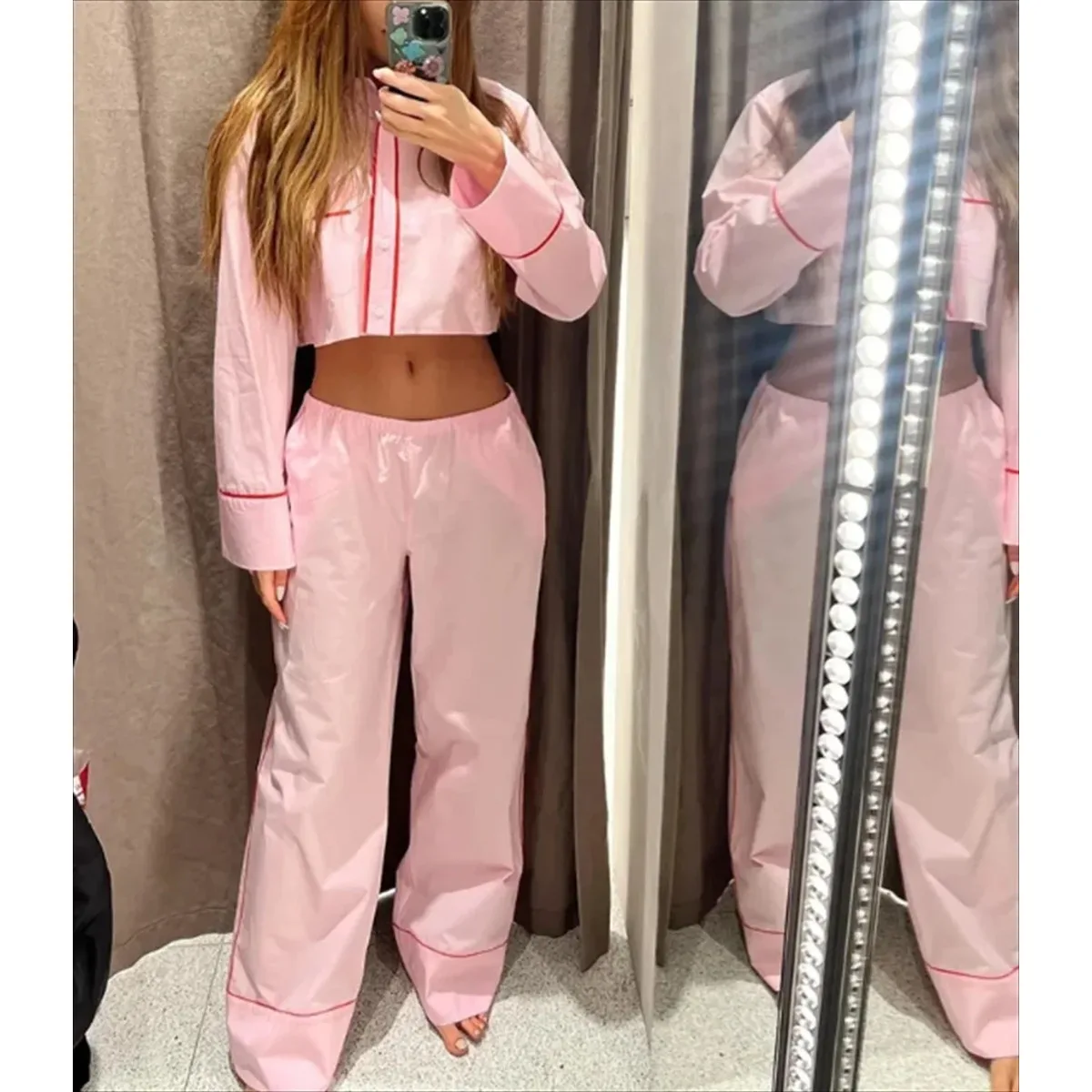 

2026 2 Piece SetWoman's Fashion Pink Suits Long Sleeves Turn-Down Collar Single Breasted Shirt Wide Leg Long Pant Elegant
