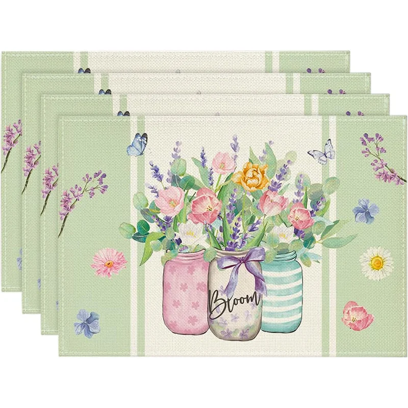 4Pcs, Floral Vase Placemats, Washable, Suitable for Holiday Parties, Home Decor, Kitchen Countertops, Rectangular Dining Tables, Birthday Gifts, and Housewarming Party Gifts