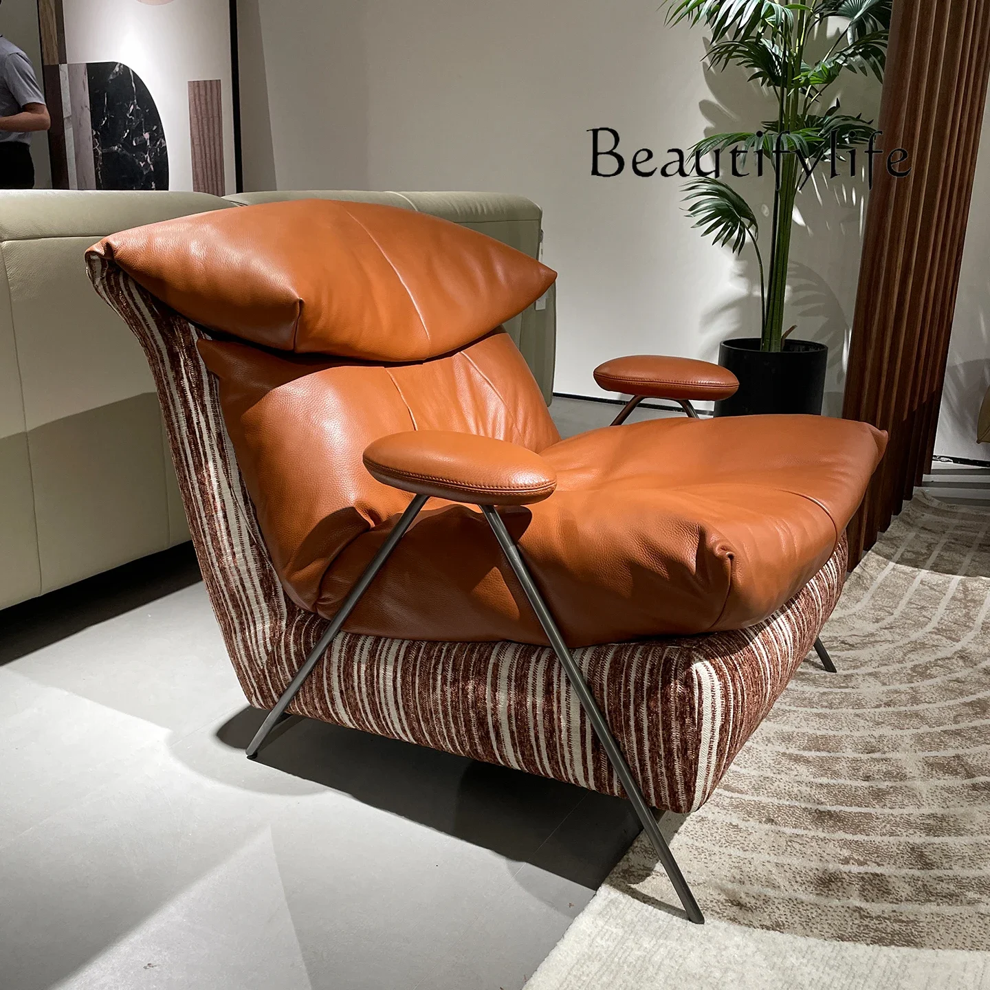 NNLeather Leisure Chair Living Room Sofa Balcony Single Chair Top Layer Cowhide Fabric Italian Down Soft Bag