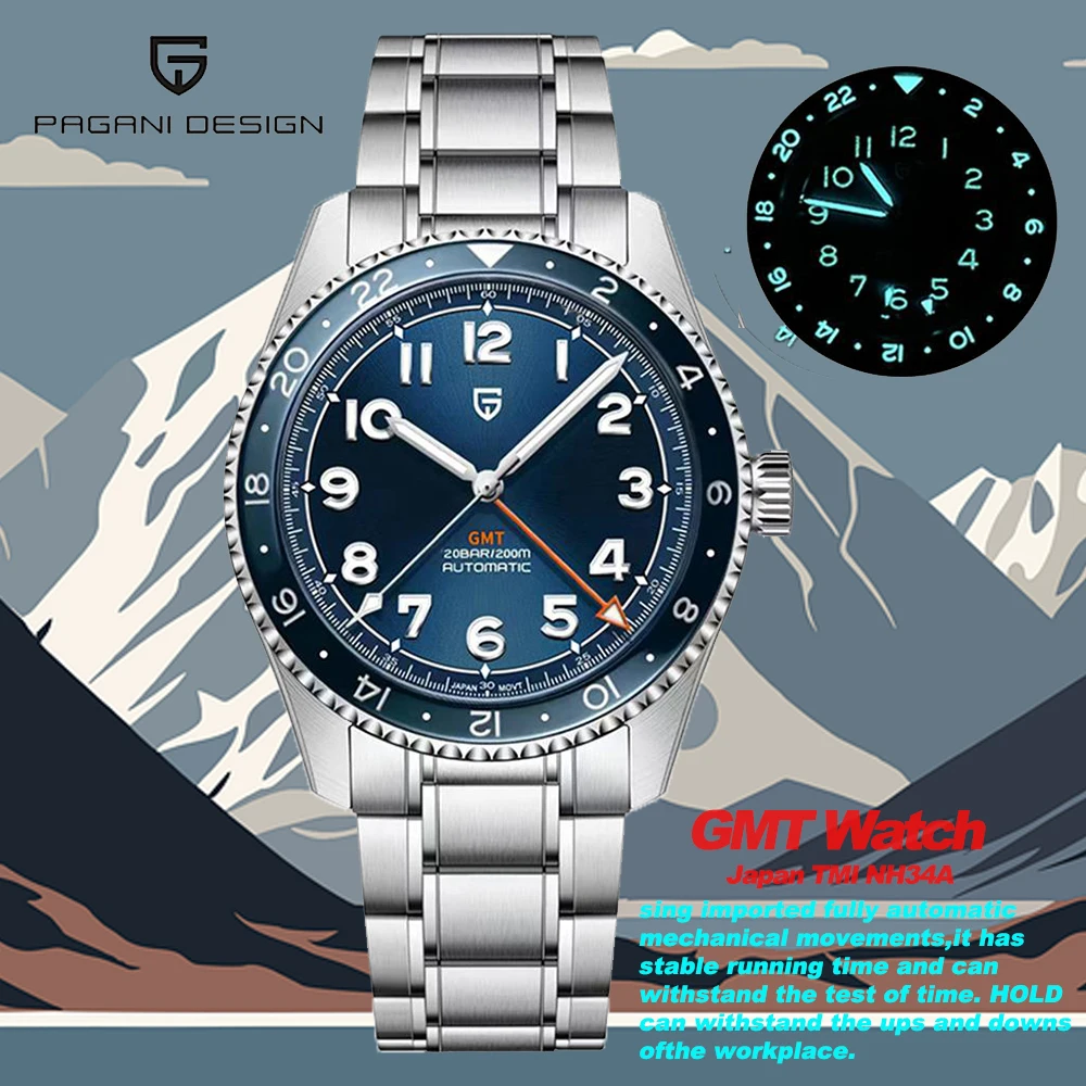 PAGANI DESIGN PD1784 Blue Men's Automatic mechanical wristwatch GMT Luxury Sapphire stainless steel Dress Watch for men