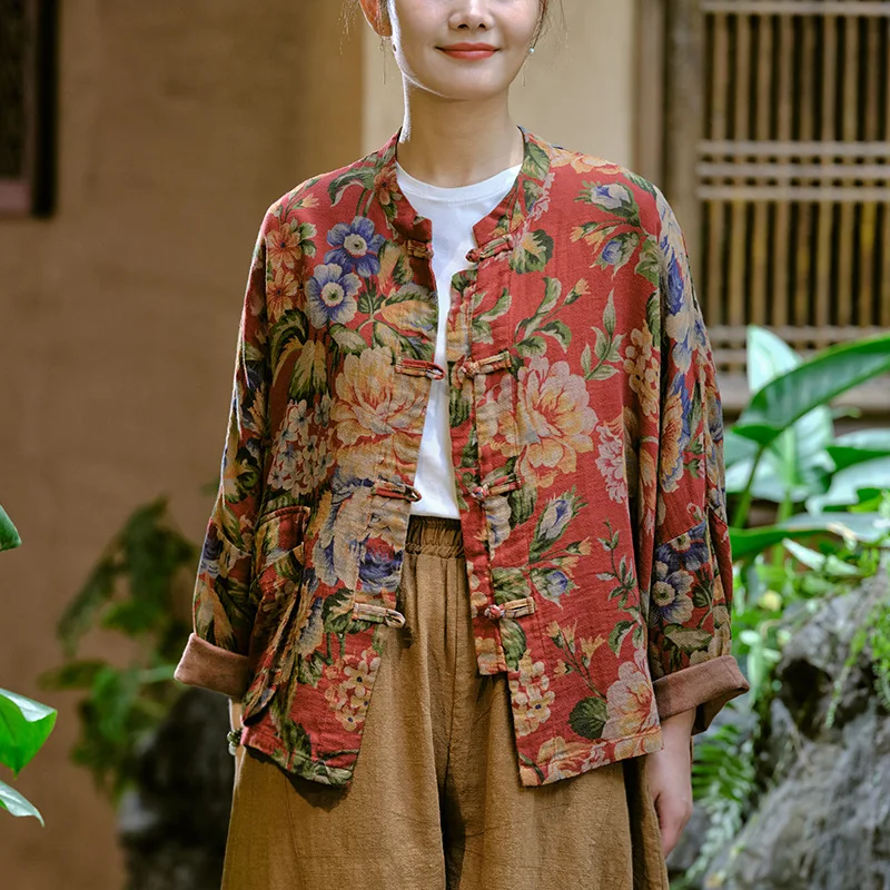 

Traditional Chinese Style Clothes for Women Red Retro Hanfu Cheongsam Qipao Tops Printed Floral Blouse Oriental Tang Jackets