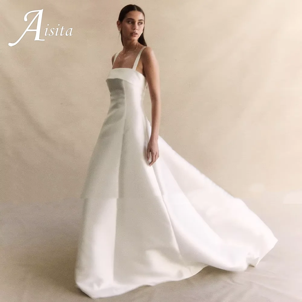 Robe de mariée trapèze en Satin blanc, élégante, col carré, dos nu, bretelles Spaghetti, robe de princesse personnalisée pour femmes