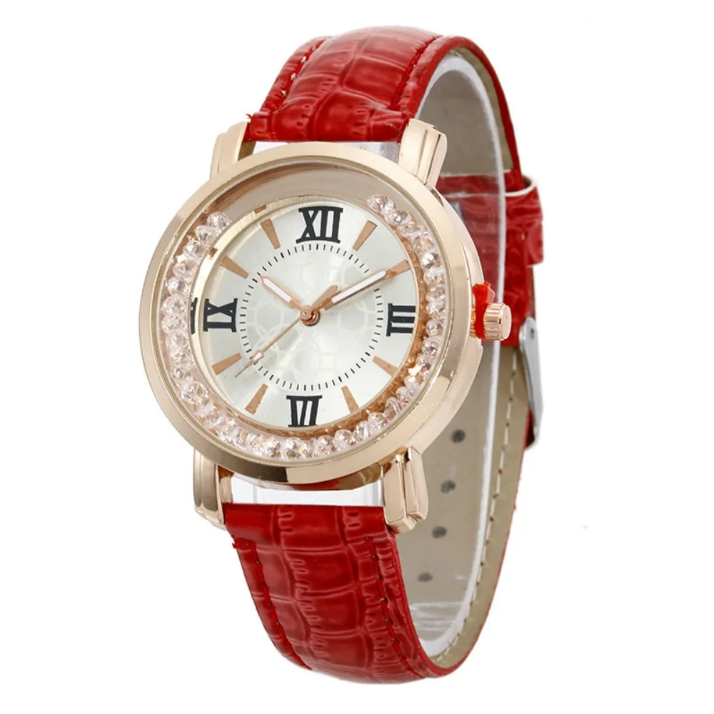 

Women Girl Simple Quartz Wrist Watch PU Leather Strap Crystal Beads Round Dial Wrist Watches for Women Dress Clock Montre Femme