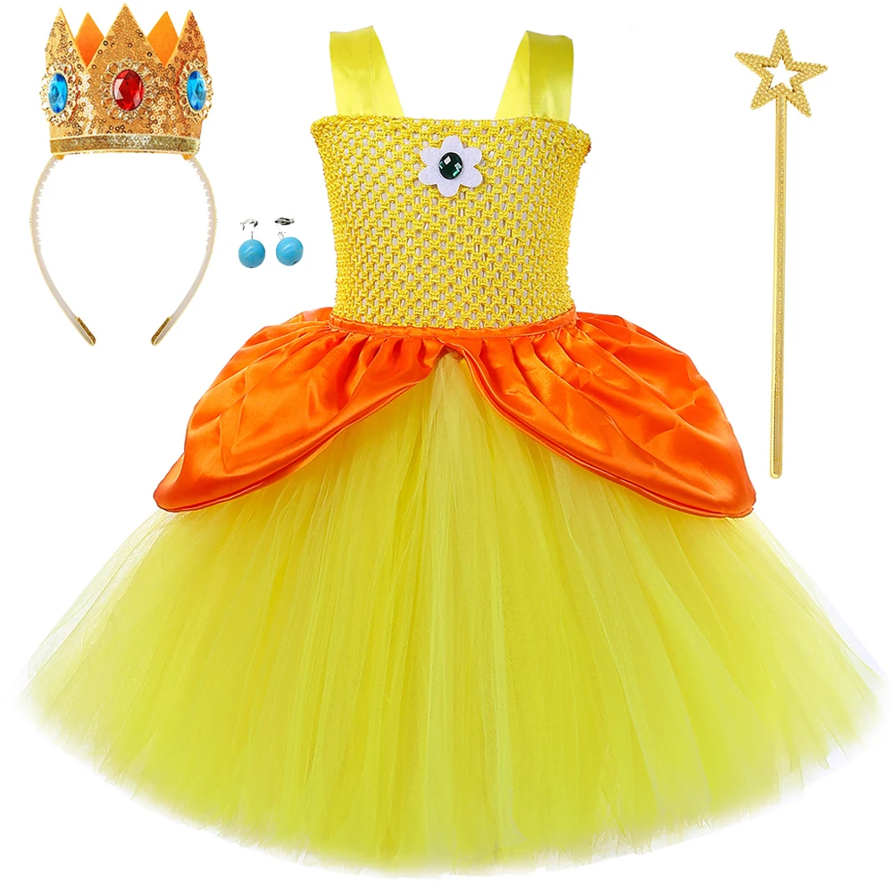 Yellow Princess Daisy Ballet Tutu Dress for Girls Birthday Party Outfit Kids Christmas Halloween Costumes with Crown Wand Gloves