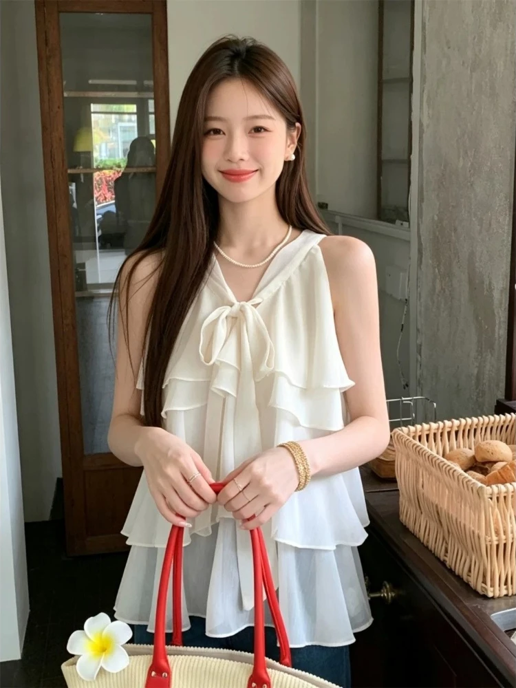Women's 2026 Summer New French Sweet Ruffle V Neck Tie Chiffon Camisole Top Niche Elegant Y2K Korean Chic Hot Girl Going Out