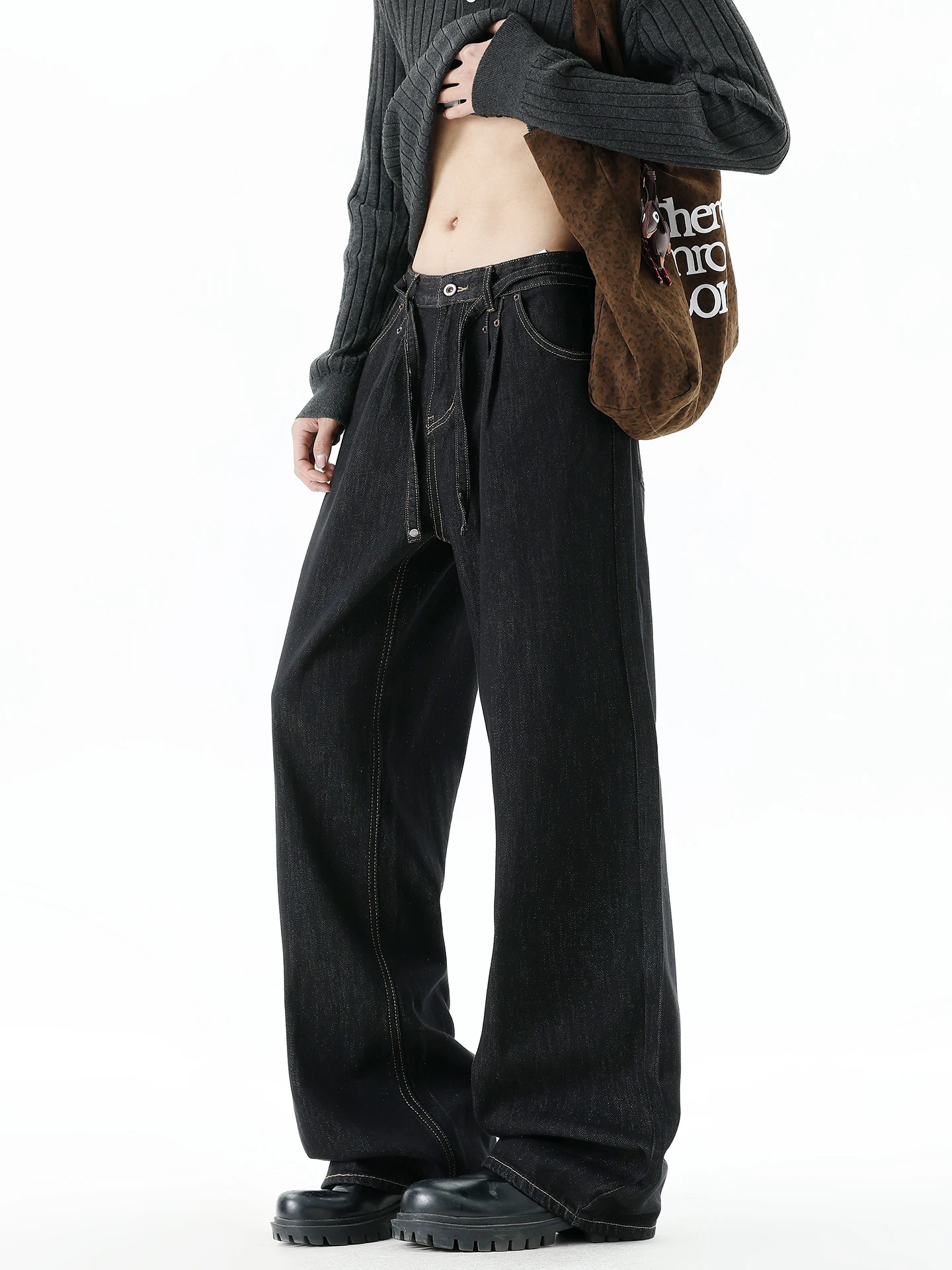 

Boyue American Retro Loose Jeans Men's Women's Drapey Wide Leg Long Trousers Trendy mid Waist Zipper Winter Casual Jeans