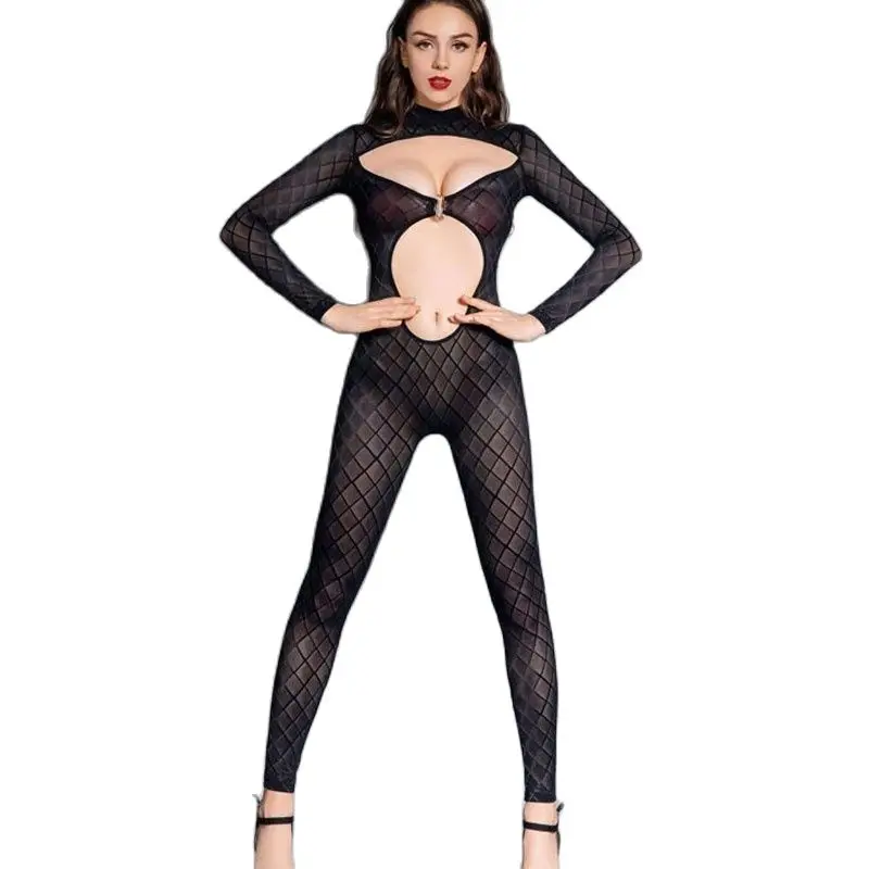 Perspective Long-sleeved Bodysuit Hollowed Out Bust Turtleneck Jumpsuit Women\'s Sexy Outfits Sheer See Through Club Wear Tights