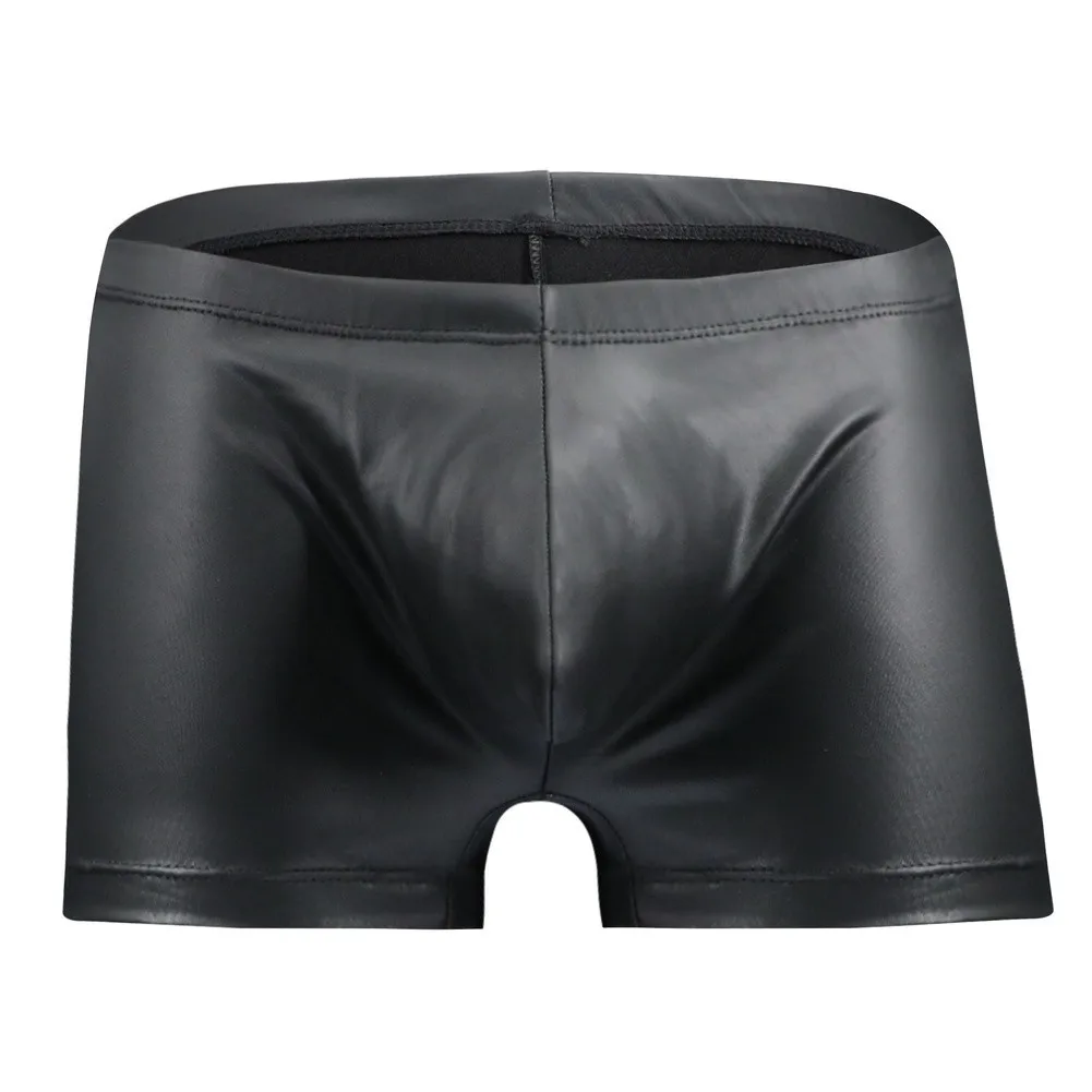 Men Boxer Briefs Faux Leather Hot Pants Underwear Solid Nightclub Party Shorts Tight Skinny Fit Gloss Patent Leather Elastic
