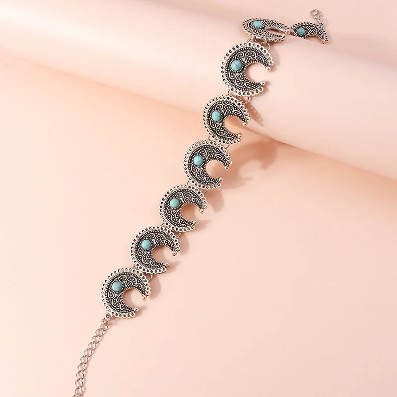 Ethnic Antique Silver Color Moon Choker Necklaces for Women Boho Turquoise Necklace Girls Party Jewelry Gifts