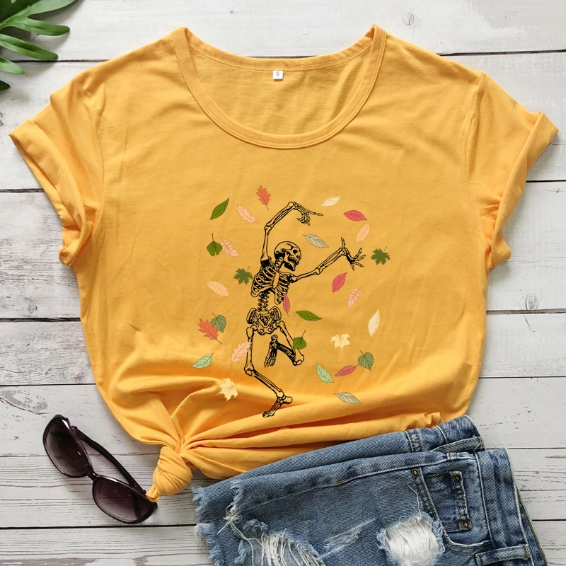 

colored Fall Leaves Dancing Skeleton tshirt spooky women short sleeve graphic autumn tee shirt