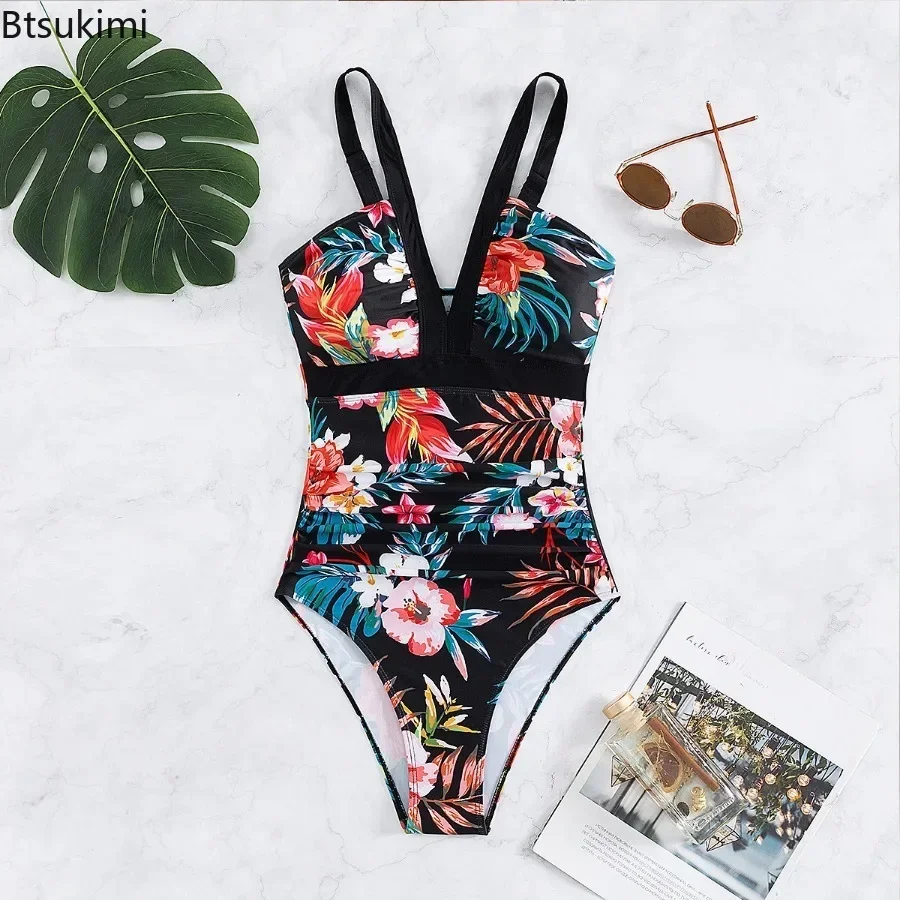 2024 Women\'s Sexy One Piece Swimsuits Flower Print Bathing Suits Female High Waist Beachwear for Girls Tankini Swimsuits Women