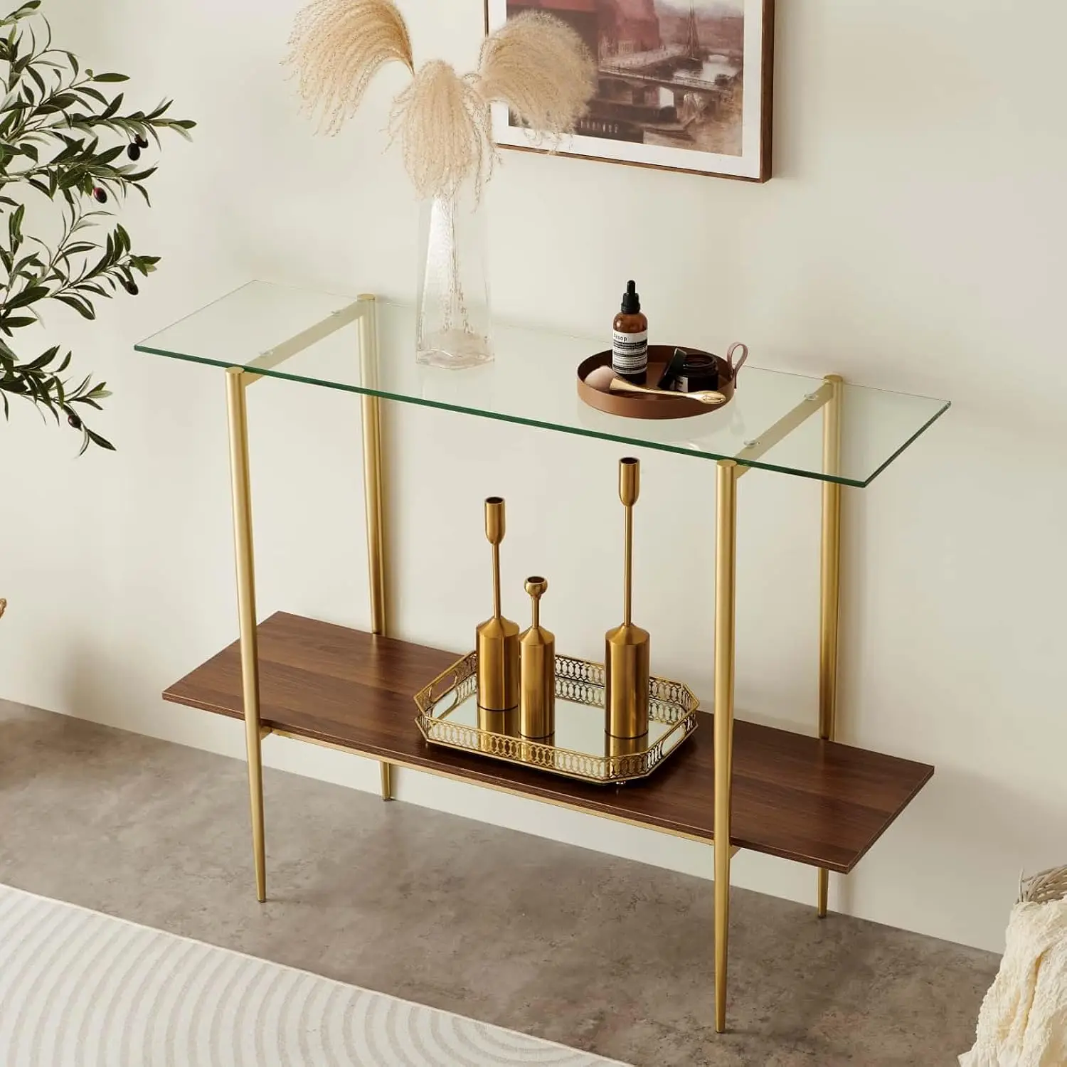 

Mid-Century Modern Glass Console Table with Walnut Wood Top and Gold Metal Frame, 2-Tier Design for Living Room or Foyer