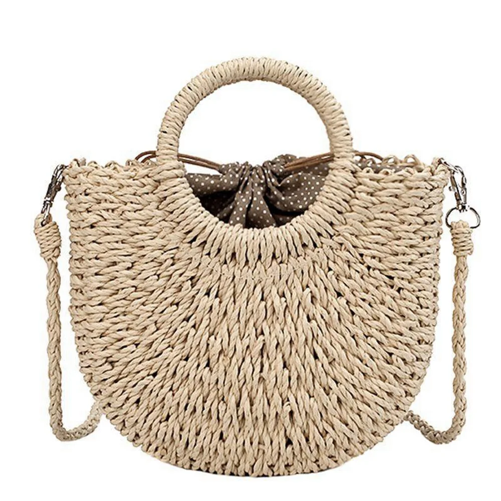 Straw Woven Bag Handmade Rattan Woven Vintage Retro Straw Rope Knitted Women Crossbody Handbag With Ring Fresh Summer Beach Bag