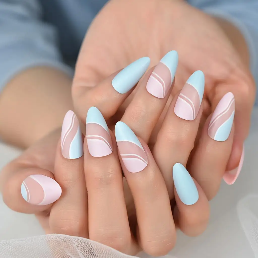 Almond Muleti Color Blue Top Fake Nails Press On Nail Tips Salons At Home Manicure Full Cover Wielokrotnego użytku Fałszywe paznokcie Classy