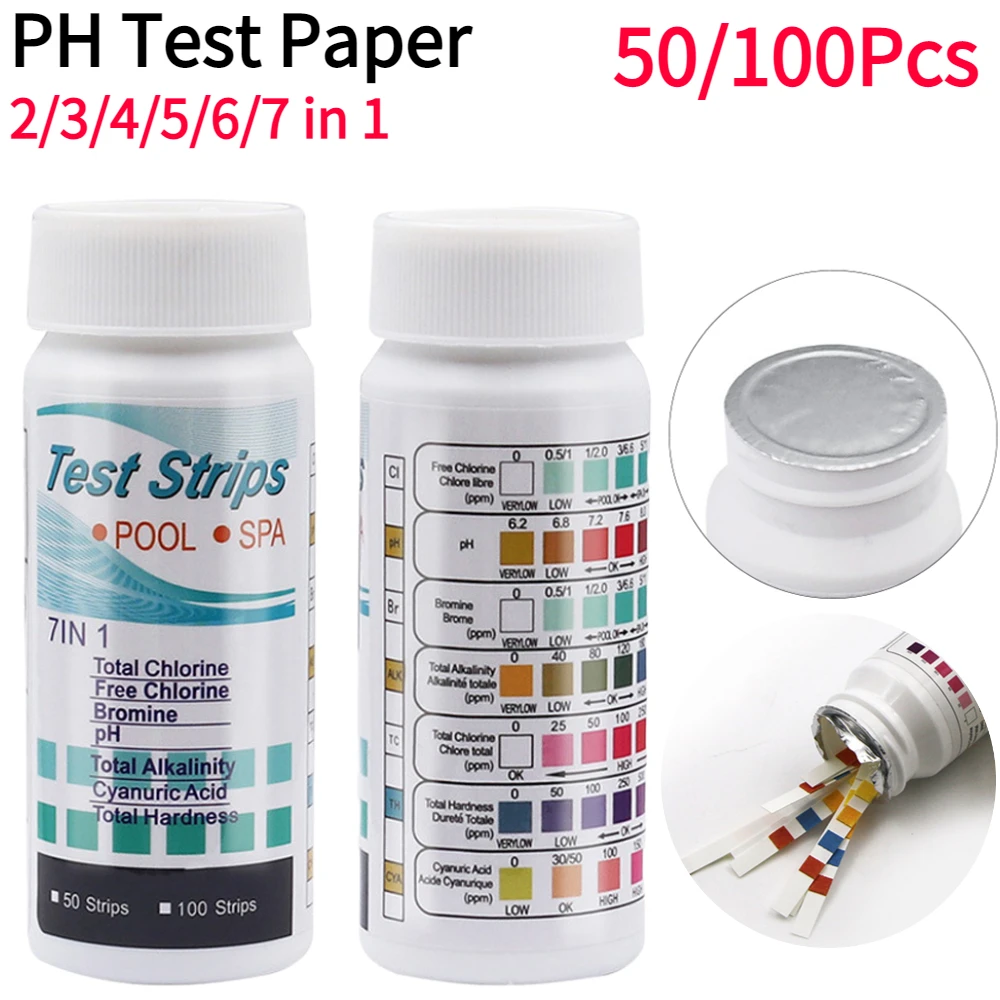 50/100Pcs 3/4/5/6/7 in 1 Swimming Pool PH Test Paper Multipurpose Chlorine/PH/Bromine Test Strips Swimming Pool Water Tester